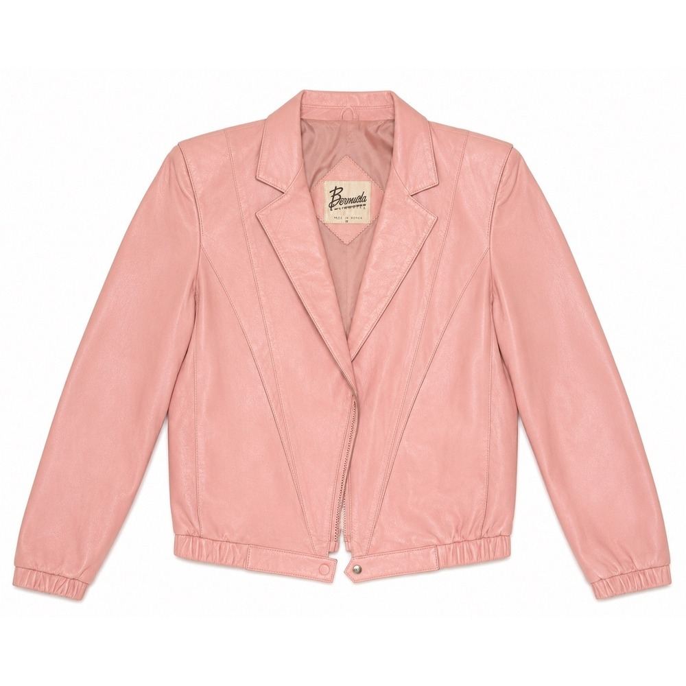 Bermans Vintage Pink Leather Bomber Jacket Womens 12 Notched Lapel V-Stitch 80s